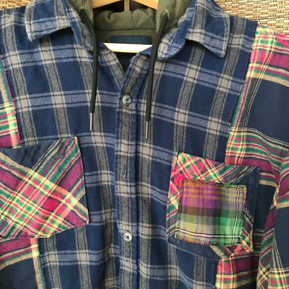 Oversized Patchwork Hoodie, Size M-L: Funky Button-Down Flannel Shirt Jacket - Picture 9 of 10